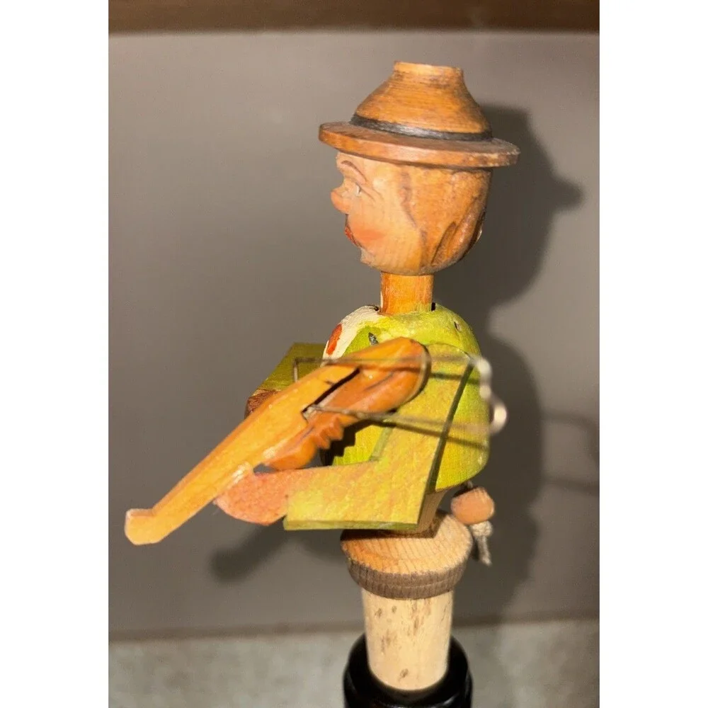 Vintage ANRI carved wooden folk art bottle stopper Mechanical Violin Player